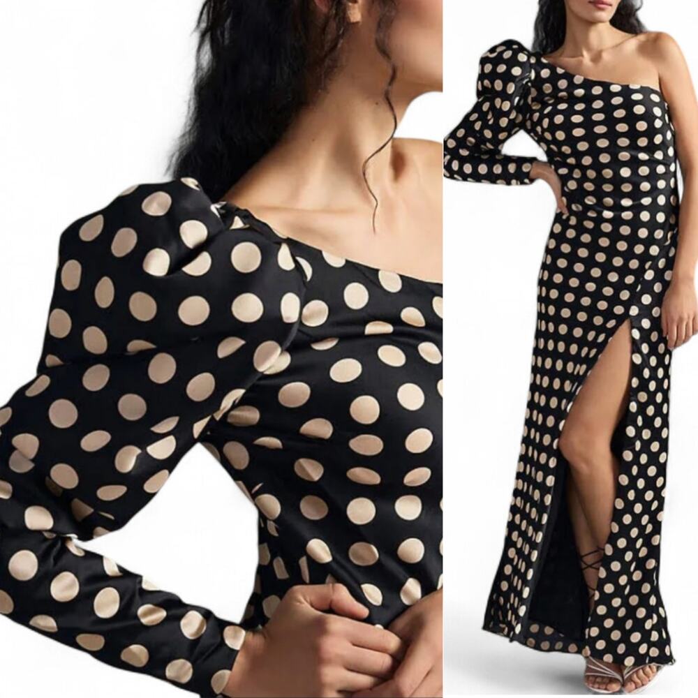 Polka Dot Black Ivory One Shoulder Puff Sleeve Thigh Slit Evening Gown 0 NWT - Picture 2 of 6